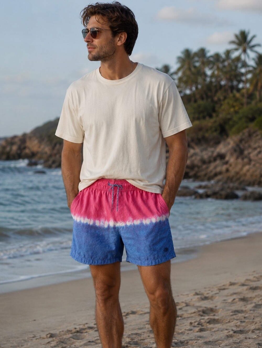 Caribbean Joe Men's Pink Blue tie-dye Swim Trunks Drawstring Waistband M Pocket